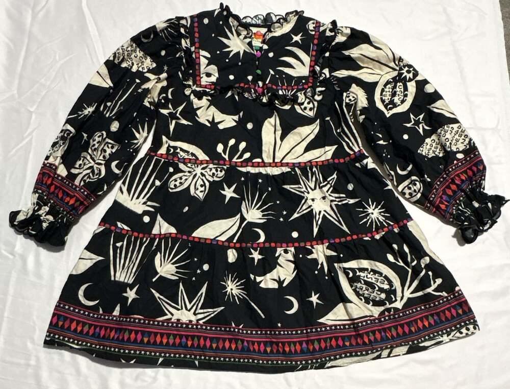 FARM Rio Cerrado Sky Mini Dress Size L Black Celestial Print Long Sleeve